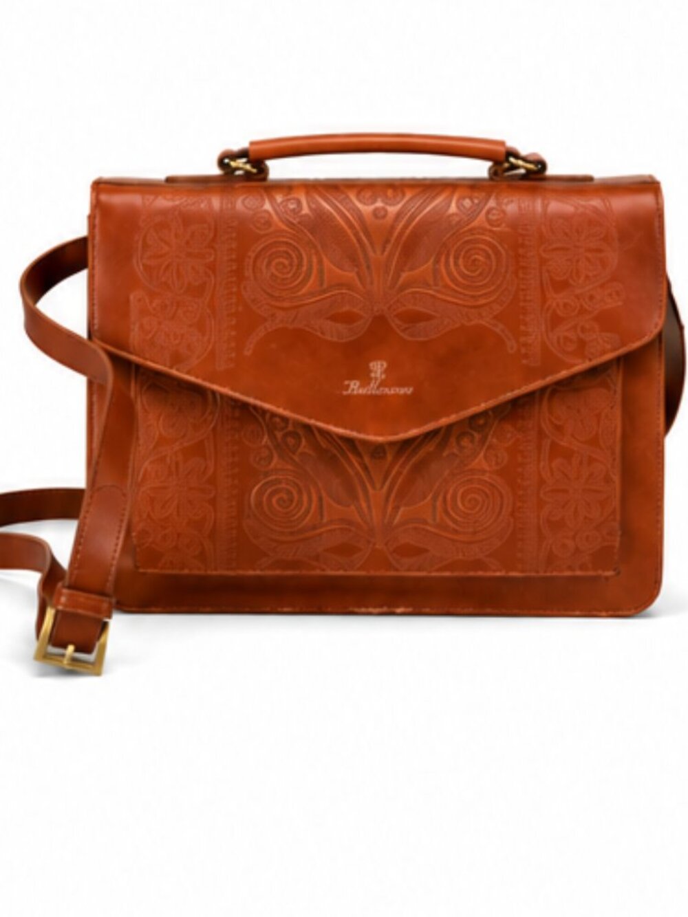 Vintage Bellerose Brown Tooled Leather Crossbody Organizer Satchel